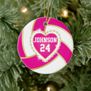 Elegant Heet Roze, Wit en Gouden Volleyball Keramisch Ornament