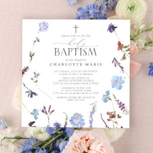 Elegant Heilig Doopschrift Stoffig Blauw Wildbloem Kaart