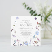 Elegant Heilig Doopschrift Stoffig Blauw Wildbloem Kaart (Staand voorkant)