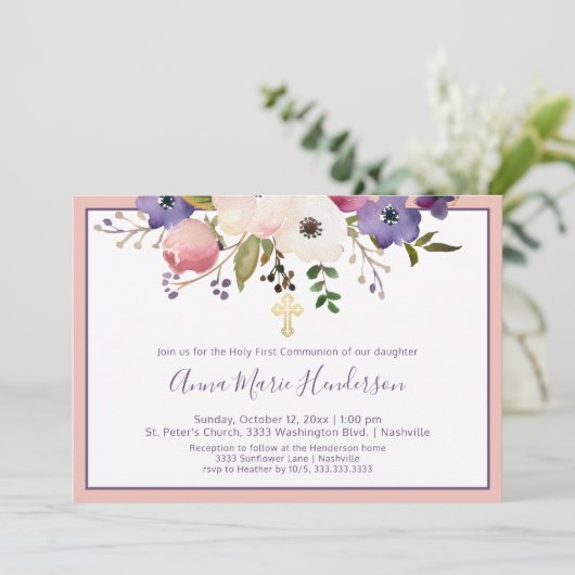 Elegant Heilige Eerste Communiroze en Paars meisje Kaart (Staand voorkant)