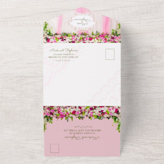Elegant Helder Blush Roze Bloemen Bruiloft All In One Uitnodiging (Buitenkant)