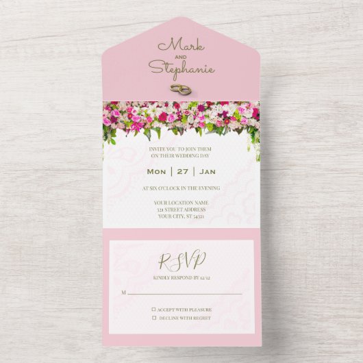 Elegant Helder Blush Roze Bloemen Bruiloft All In One Uitnodiging (Binnen)