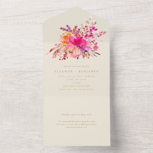 Elegant Helder Roze Waterverf Bloemen Bruiloft All In One Uitnodiging (Binnen)