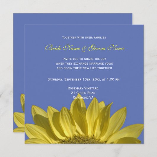 Elegant, heldere zonnebloem in blauw, bruiloft nod kaart (Voorkant / Achterkant)
