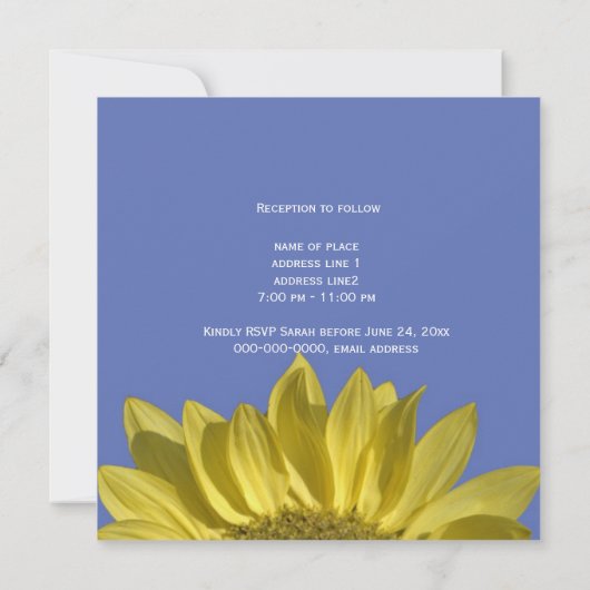 Elegant, heldere zonnebloem in blauw, bruiloft nod kaart (Achterkant)