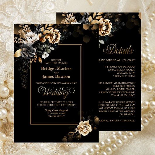 Elegant helemaal in één zwart goudpleisterhuwelijk kaart