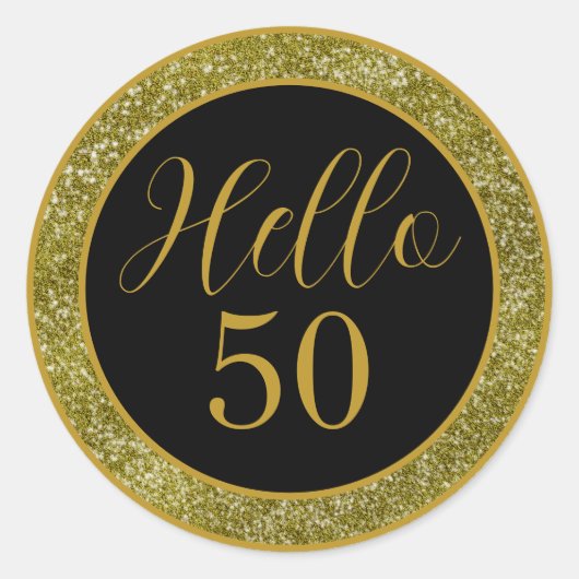 Elegant Hello 50 Birthday Black Gold Glitter Ronde Sticker (Voorkant)