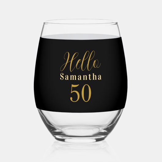 Elegant Hello 50 Black Gold 50th Birthday Wijnglas Zonder Voet (Voorkant)