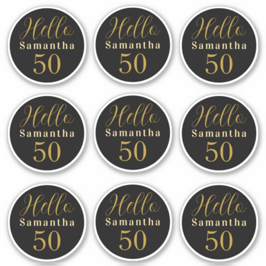 Elegant Hello 50 Black Gold Personalized Birthday Sticker (Voorkant)