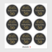 Elegant Hello 50 Black Gold Personalized Birthday Sticker (Vel)
