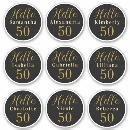 Elegant Hello 50 Black Gold Personalized Names Sticker (Voorkant)