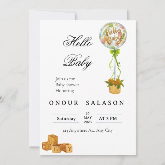 Elegant Hello Baby Balloon Shower Invitation Kaart (Voorkant)