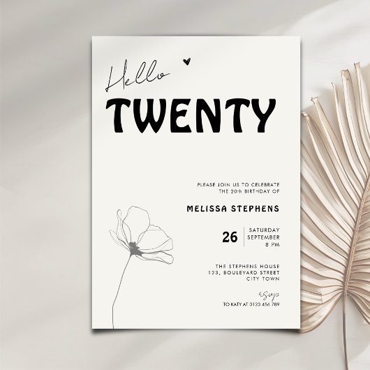 Elegant Hello Twenty Bold Typography 20th Birthday Kaart