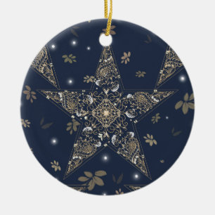 Elegant Hemels Filigraan Sterrenpatroon - Blauw Keramisch Ornament