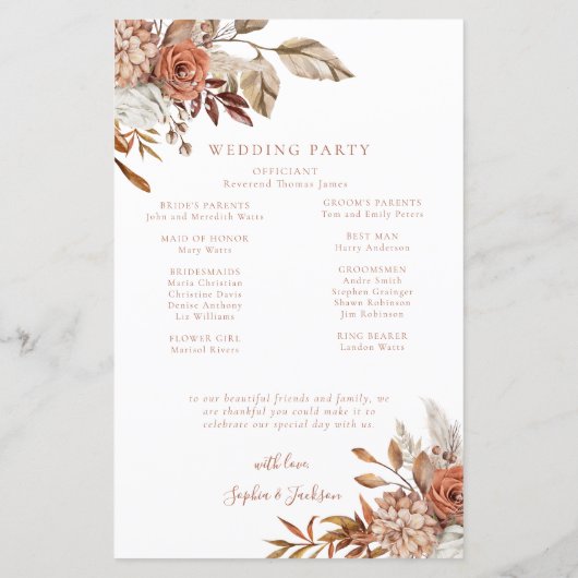 Elegant herfst bloem bruiloftsprogramma  (Achterkant)