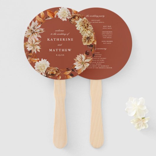 Elegant herfst bloementerracotta bruiloft programm handwaaier (Voorkant en achterkant)