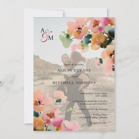 Elegant herfst bloemig monogram foto bruiloft kaart (Voorkant)