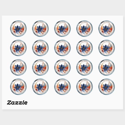 Elegant Herfst Blue Floral Circle Retouradres Ronde Sticker (Vel)