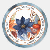 Elegant Herfst Blue Floral Circle Retouradres Ronde Sticker (Voorkant)