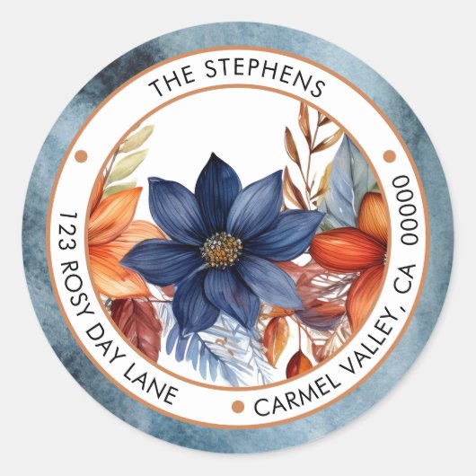 Elegant Herfst Blue Floral Circle Retouradres Ronde Sticker (Voorkant)