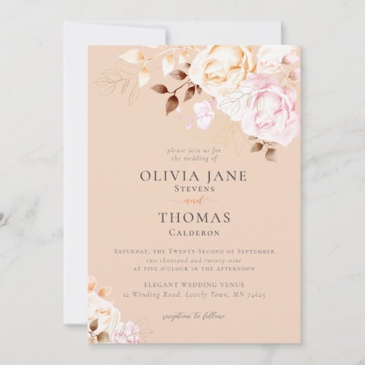 Elegant Herfst Blush Oranje Floral Wedding Kaart (Voorkant)