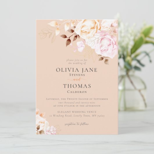 Elegant Herfst Blush Oranje Floral Wedding Kaart (Staand voorkant)