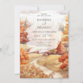 Elegant herfst bospad bladeren vallen bruiloft kaart (Voorkant)