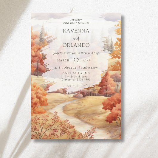 Elegant herfst bospad bladeren vallen bruiloft kaart