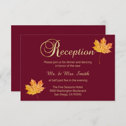 Elegant Herfst Burgundy Gold Wedding Reception Car Informatiekaartje (Voorkant / Achterkant)