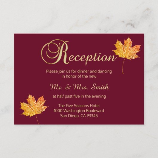 Elegant Herfst Burgundy Gold Wedding Reception Car Informatiekaartje (Voorkant)