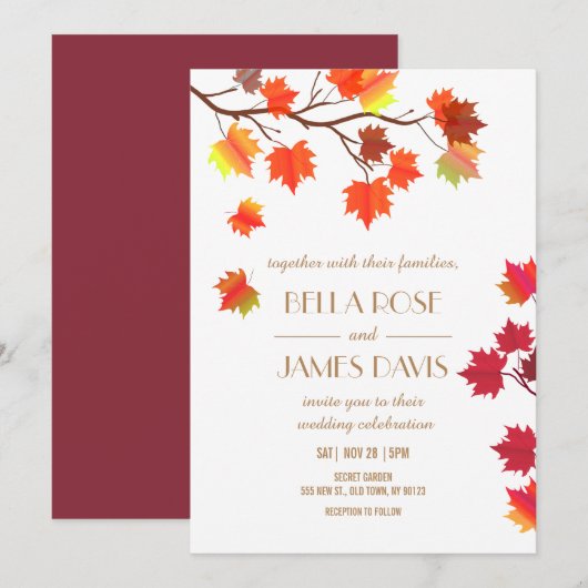 Elegant Herfst Burgundy Wedding Invitations Kaart (Voorkant / Achterkant)