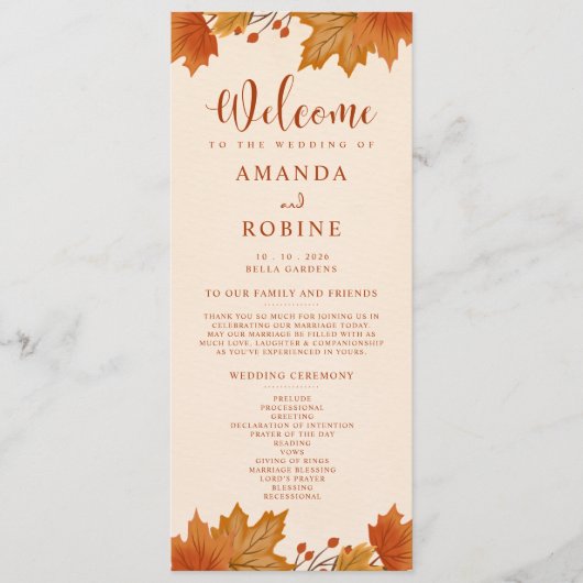 Elegant Herfst Esdoornbladeren Huwelijksprogramma Programmakaart (Voorkant)