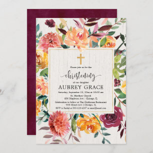 Elegant herfst floral burgundy blush christening kaart