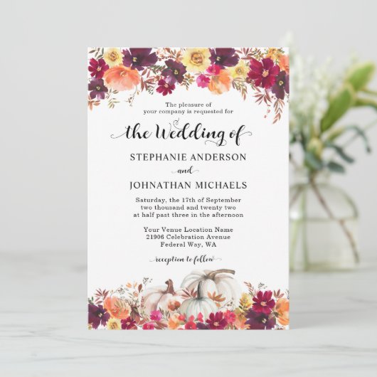 Elegant Herfst Floral Pumpkin Wedding Kaart (Staand voorkant)