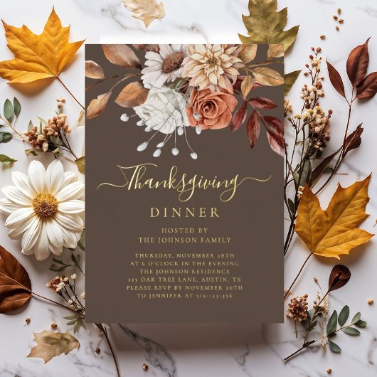 Elegant Herfst Floral Thanksgiving Dinner Gold Folie Uitnodiging