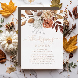 Elegant Herfst Floral Thanksgiving Dinner Roos Gol Folie Uitnodiging