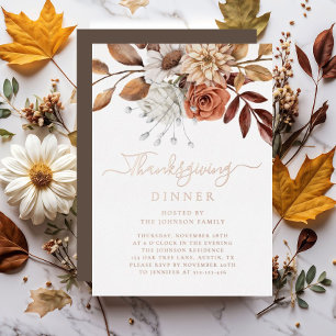 Elegant Herfst Floral Thanksgiving Dinner Roos Gol Folie Uitnodiging