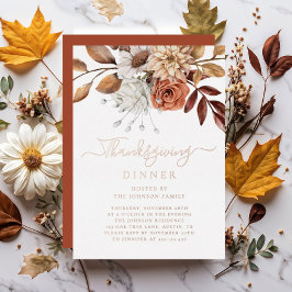 Elegant Herfst Floral Thanksgiving Dinner Roos Gol Folie Uitnodiging