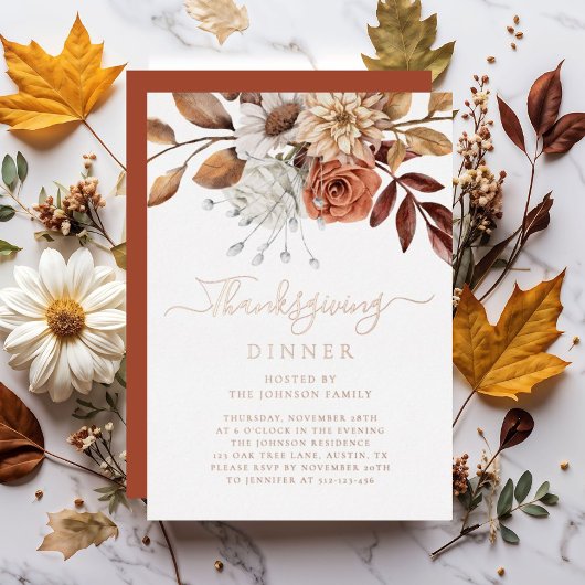 Elegant Herfst Floral Thanksgiving Dinner Roos Gol Folie Uitnodiging