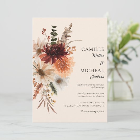 Elegant Herfst Floral Wedding Invitation Kaart (Staand voorkant)