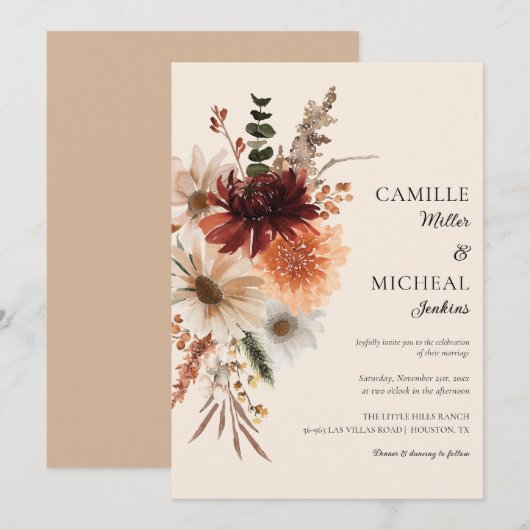 Elegant Herfst Floral Wedding Invitation Kaart (Voorkant / Achterkant)