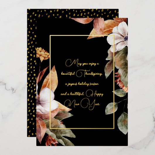 Elegant Herfst Flowers & Leaves Gold Script Black Folie Feestdagenkaart (Voorkant / Achterkant)