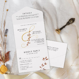 Elegant Herfst Foliage Gold Ampersand Wedding All In One Uitnodiging
