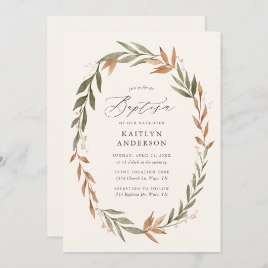 Elegant Herfst Greenery Wreath Baptisme Kaart (Voorkant / Achterkant)