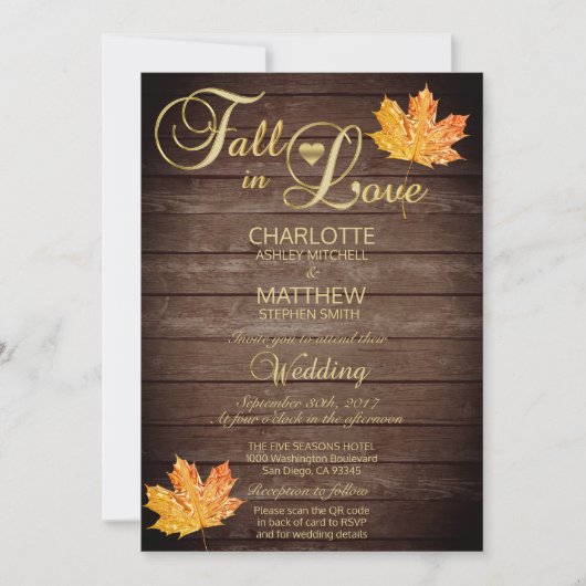 Elegant HERFST in LOVE Rustic Wood Wedding QR Code Kaart (Voorkant)