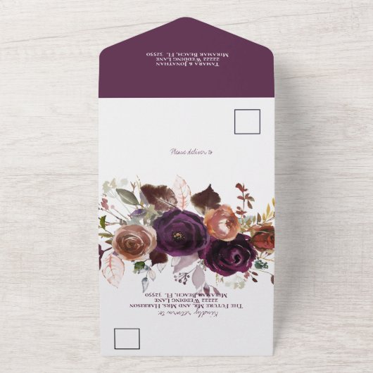 Elegant Herfst Paarse Champagne Rust Floral Weddin All In One Uitnodiging (Buitenkant)