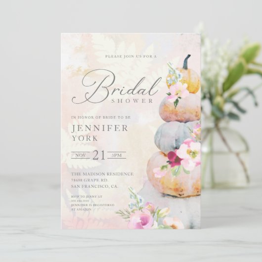Elegant Herfst Pumpkin Bridal Shower Invitation Kaart (Staand voorkant)