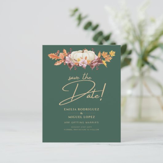 Elegant Herfst Pumpkin Green Gold Wedding Save Dat (Staand voorkant)