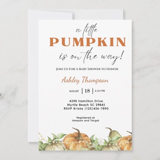 Elegant Herfst roze pompoen Baby shower Kaart (Voorkant)