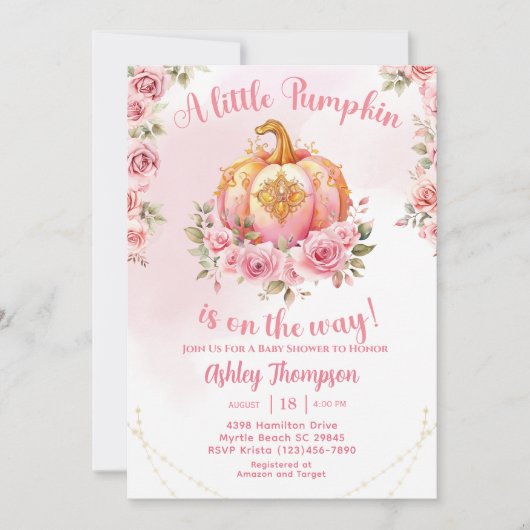 Elegant Herfst roze pompoen Baby shower Kaart (Voorkant)